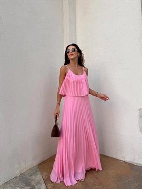 Kadın Pliseli Şifon Pembe Elbise
