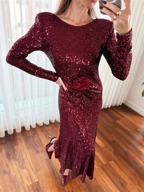 Kadın Pullu Gül Aksesuarlı Midi Bordo Elbise
