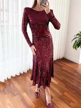 Kadın Pullu Gül Aksesuarlı Midi Bordo Elbise