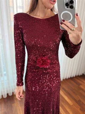 Kadın Pullu Gül Aksesuarlı Midi Bordo Elbise