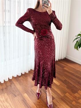 Kadın Pullu Gül Aksesuarlı Midi Bordo Elbise
