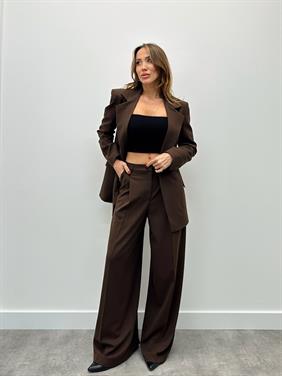 Kadın Tek Düğme Piliseli Palazzo Pantolon Kahve Blazer Takım