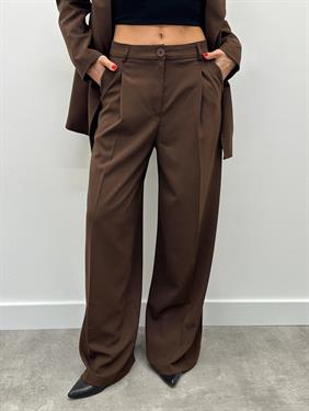 Kadın Tek Düğme Piliseli Palazzo Pantolon Kahve Blazer Takım