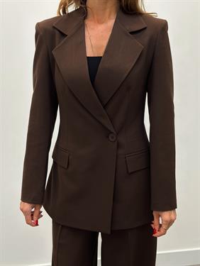 Kadın Tek Düğme Piliseli Palazzo Pantolon Kahve Blazer Takım