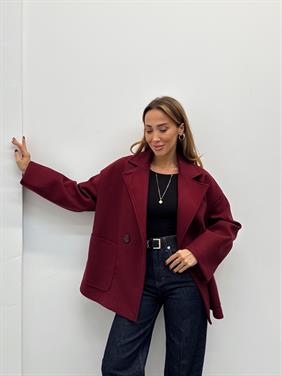 Kadın Tone Bordo Düğmeli Premium Kaşe Kaban