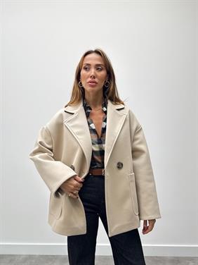 Kadın Tone Krem Düğmeli Premium Kaşe Kaban