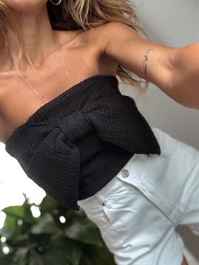 Kadın Tüvit Kumaş Fermuarlı Straplez Fiyonk Detaylı Siyah Büstiyer