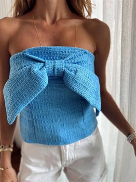 Kadın Tüvit Kumaş Fermuarlı Straplez Fiyonk Detaylı Mavi Büstiyer