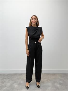 Kadın Vatkalı Drape Detay Alt Üst Siyah Pantolon Takım