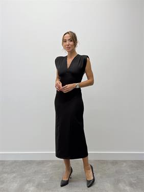 Kadın Vatkalı Drape Detaylı Siyah Elbise