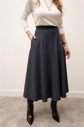 Kadın Verona Kareli Katlı Premium Lacivert Etek