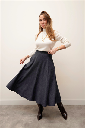 Kadın Verona Kareli Katlı Premium Lacivert Etek