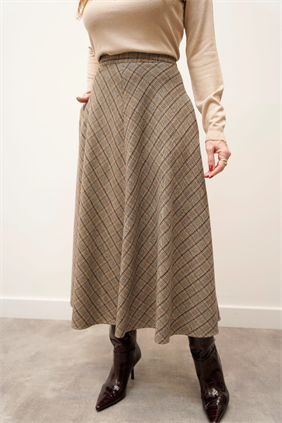 Kadın Verona Kareli Katlı Premium Turuncu Etek