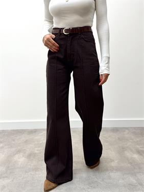 Kadın Yüksek Bel Kemerli Jean Denim Kahve Pantolon