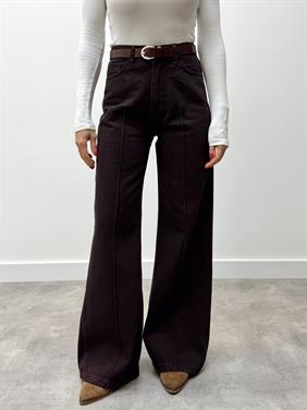 Kadın Yüksek Bel Kemerli Jean Denim Kahve Pantolon