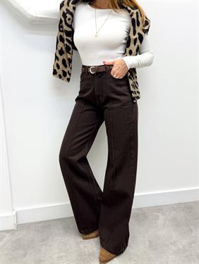 Kadın Yüksek Bel Kemerli Jean Denim Kahve Pantolon