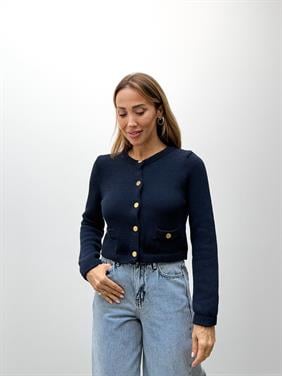 Kadın Yuvarlak Yaka Gold Düğme Mavi Triko Hırka