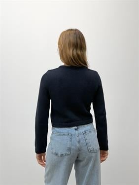 Kadın Yuvarlak Yaka Gold Düğme Mavi Triko Hırka