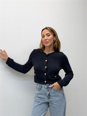 Kadın Yuvarlak Yaka Gold Düğme Mavi Triko Hırka