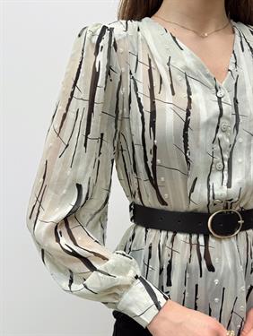 Liora Kemerli Desenli Ekru Şifon Gömlek