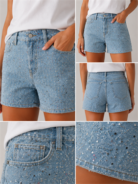 Payet Detaylı Yüksek Bel Açık Mavi Denim Şort