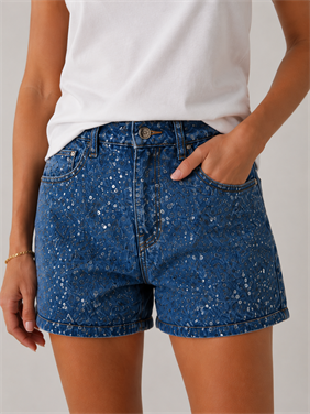 Payet Detaylı Yüksek Bel Koyu Mavi Denim Şort