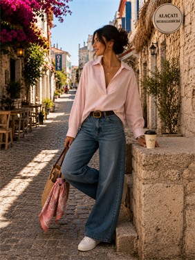 Portofino Pembe Çizgili Ekru Keten Gömlek