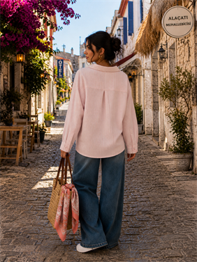 Portofino Pembe Çizgili Ekru Keten Gömlek