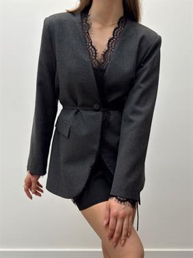 Velora Dantel  Kuşaklı Antrasit Blazer Ceket