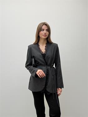 Velora Dantel  Kuşaklı Antrasit Blazer Ceket