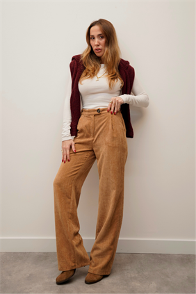 Yüksek Bel Retro Fitilli Kadife Camel Pantolon 