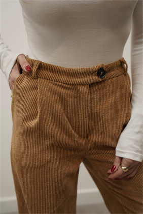 Yüksek Bel Retro Fitilli Kadife Camel Pantolon 