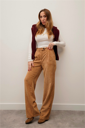 Yüksek Bel Retro Fitilli Kadife Camel Pantolon 