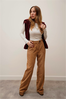 Yüksek Bel Retro Fitilli Kadife Camel Pantolon 