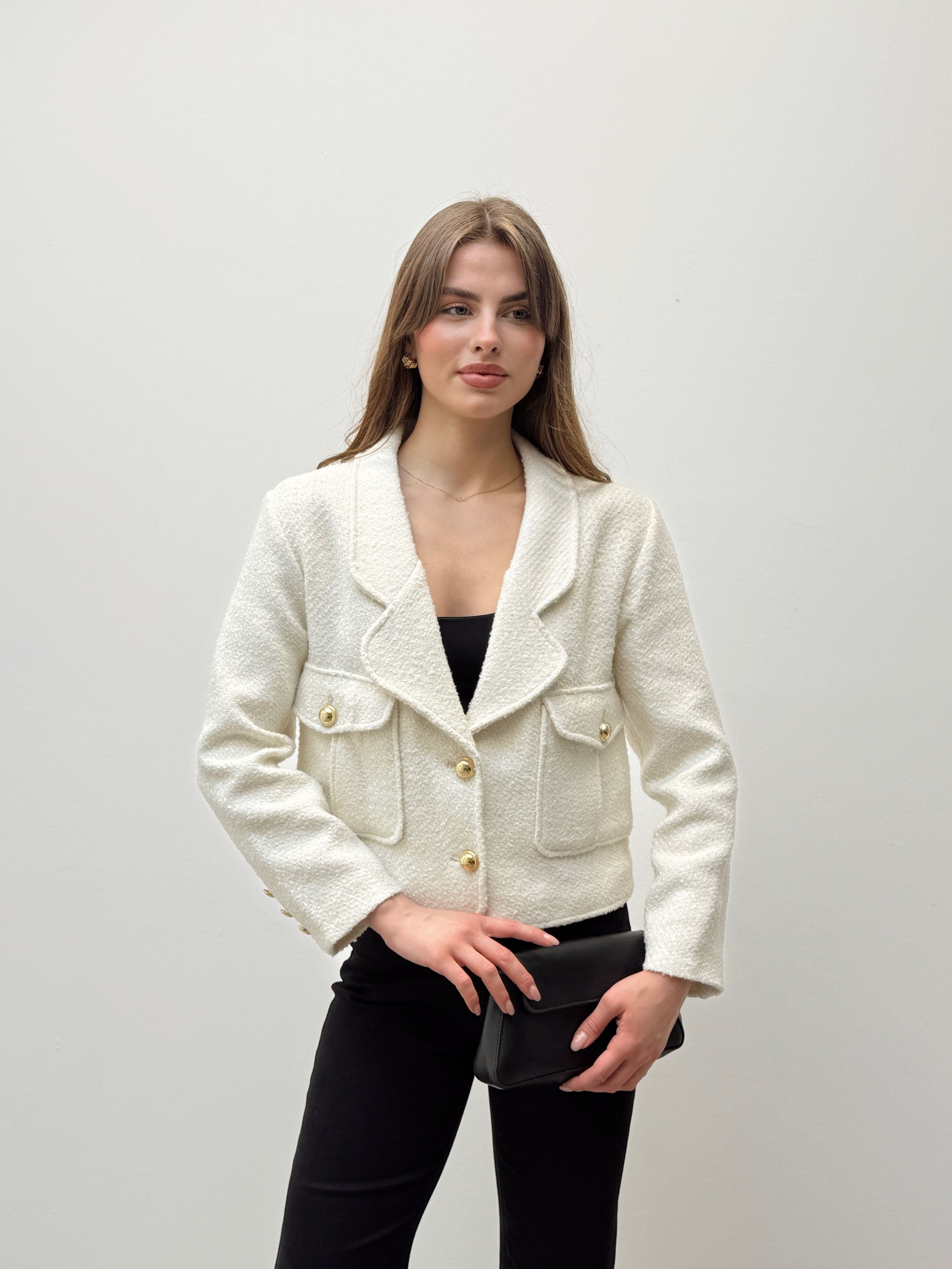 Ekru Yün Karışımlı Tüvit Ceket