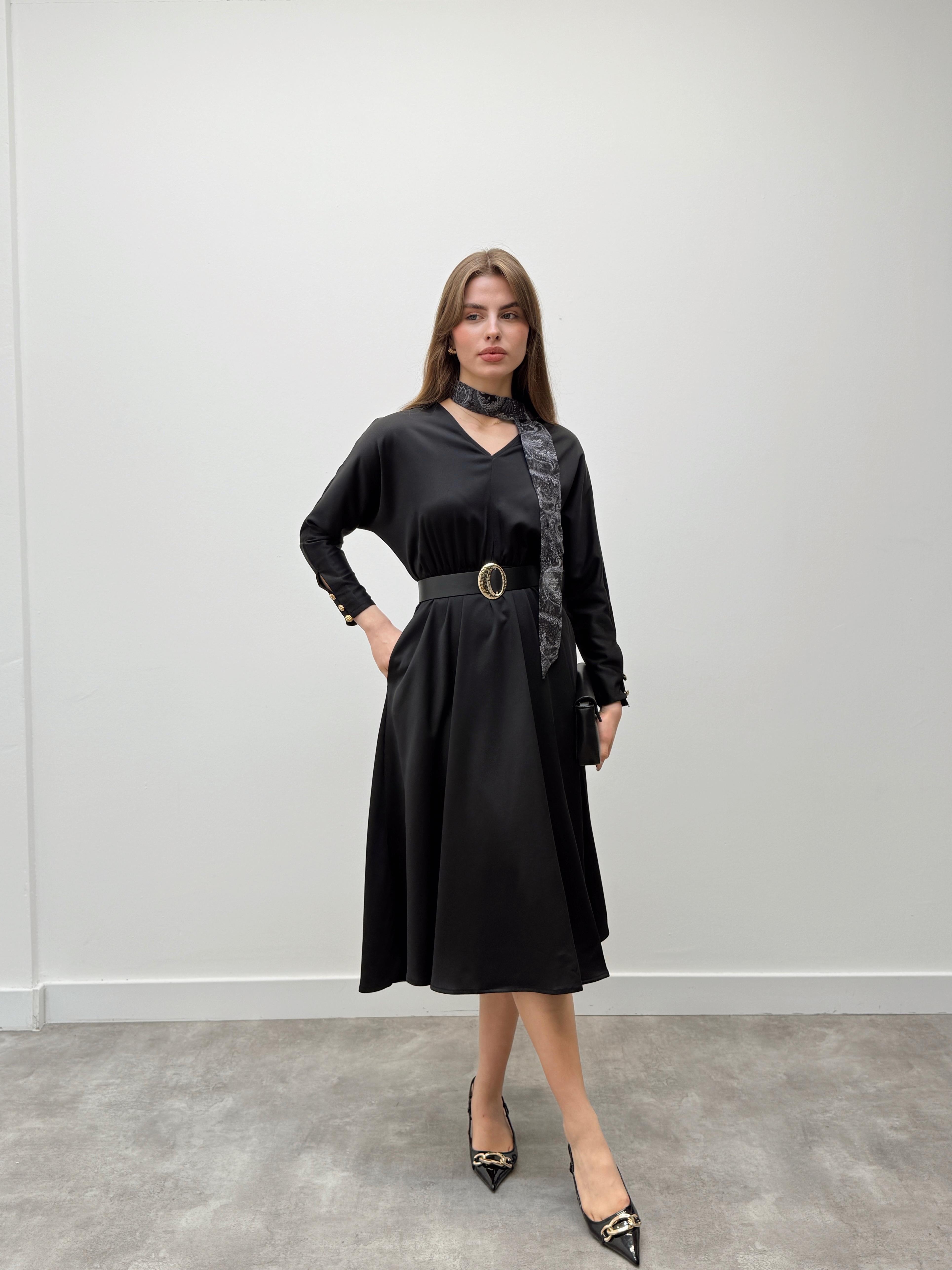 Elegance Fular Detay Kemerli Siyah Elbise