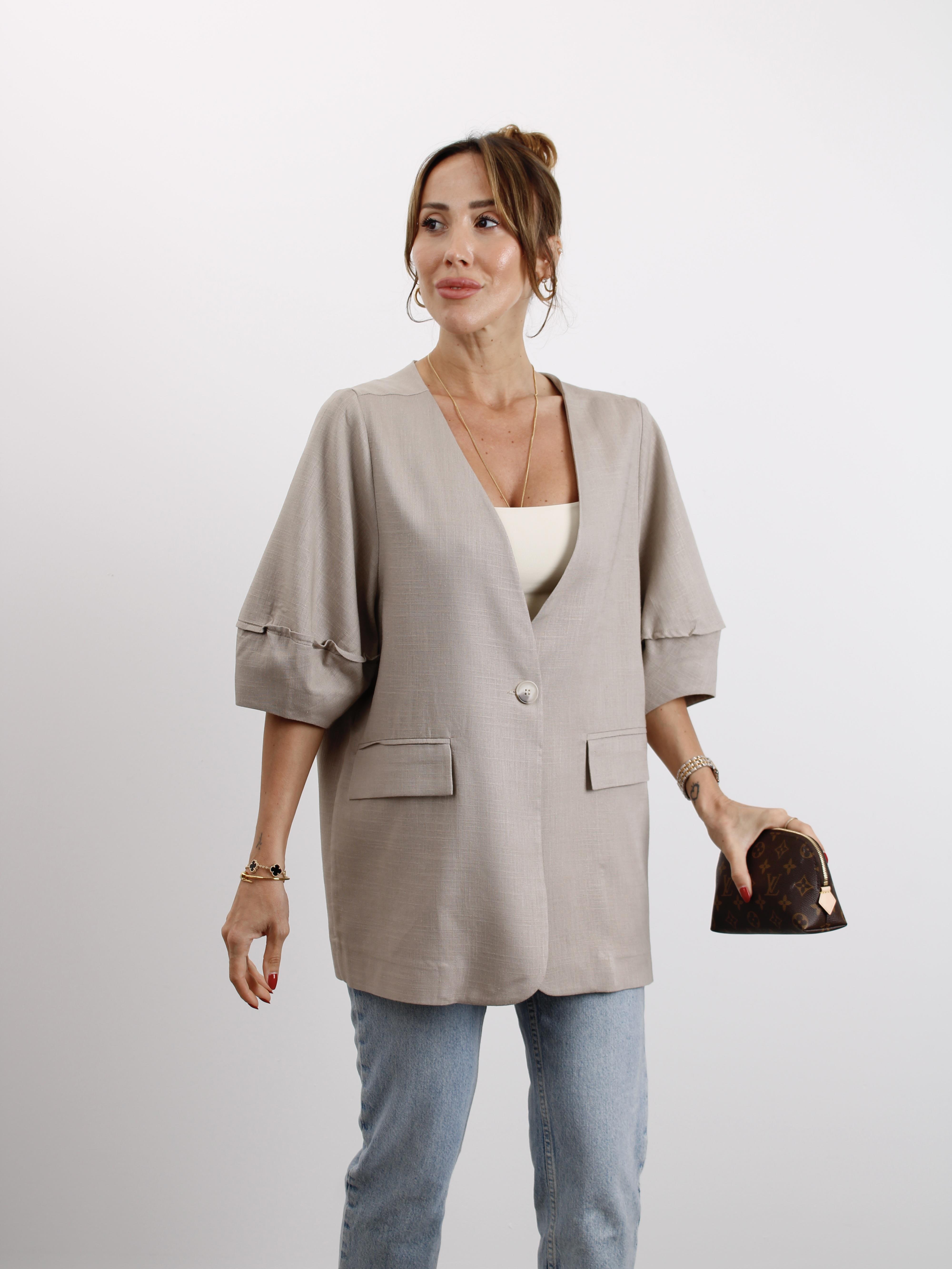 Kadın Astarsız Vizon Balon Kol Keten Ceket