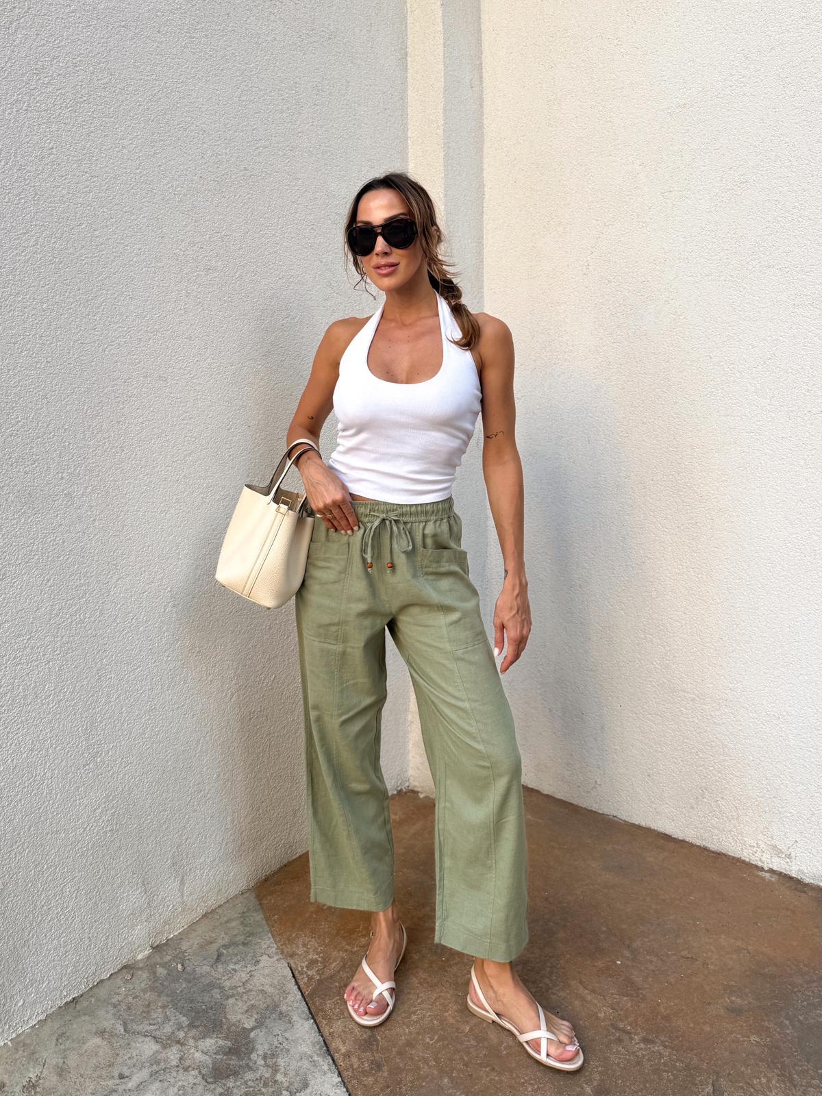 Kadın Bel Lastikli Ege Haki Oversize Keten Pantolon