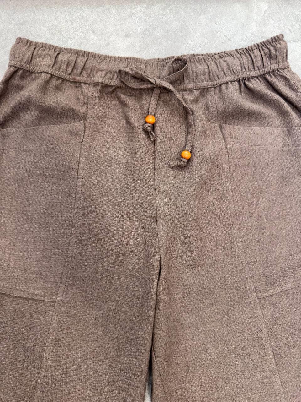 Kadın Bel Lastikli Ege Kahve Oversize Keten Pantolon · 3