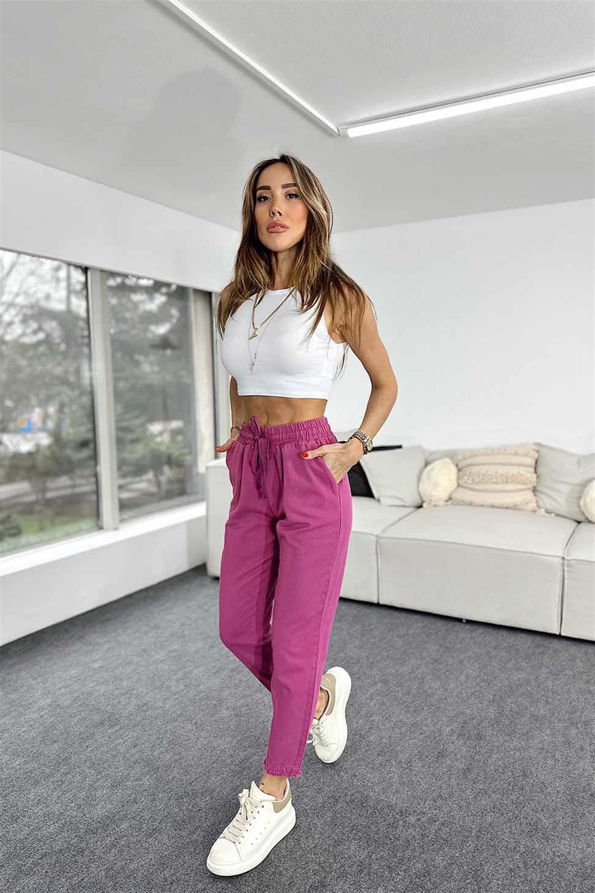 Kadın Beli Lastikli Paçası Püskül Detay Parça Boya Gabardin Fuşya Pantolon · 2