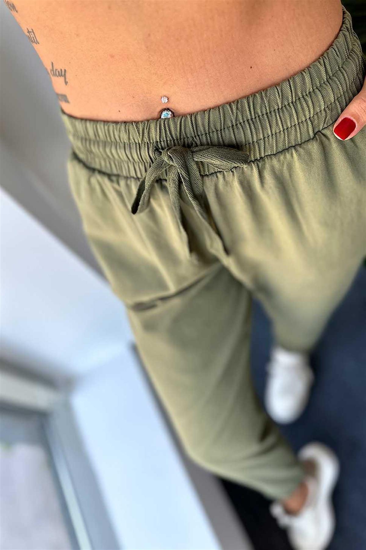 Kadın Beli Lastikli Paçası Püskül Detay Parça Boya Gabardin Haki Pantolon · 9