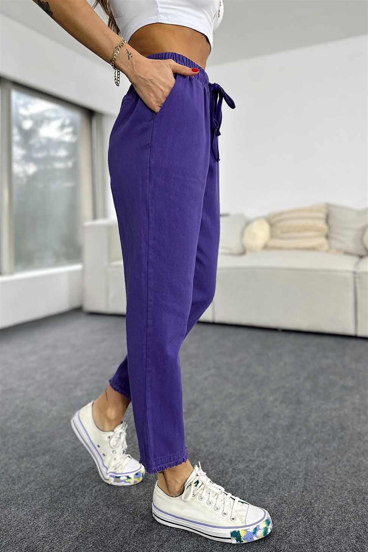 Kadın Beli Lastikli Paçası Püskül Detay Parça Boya Gabardin Mor Pantolon · 8