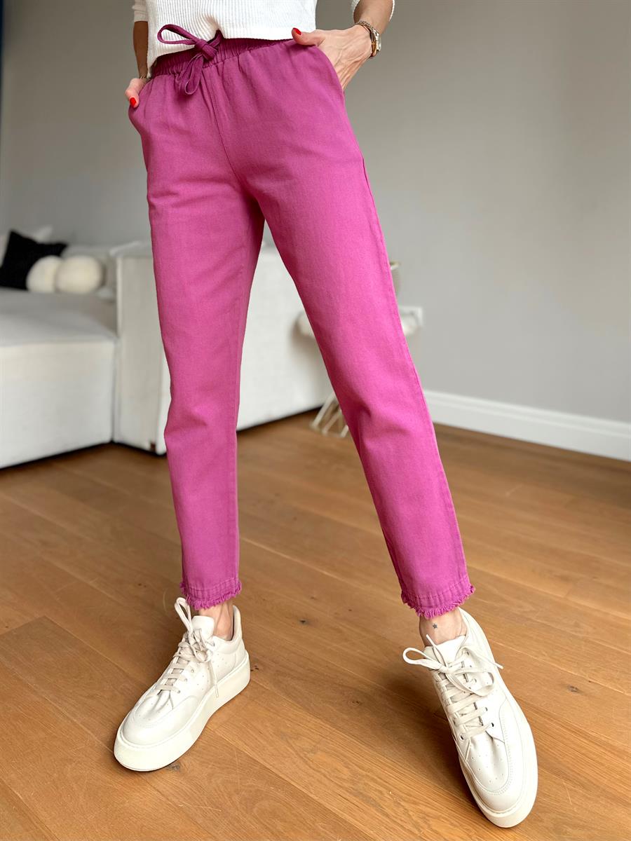 Kadın Beli Lastikli Paçası Püskül Detay Parça Boya Gabardin Fuşya Pantolon · 9