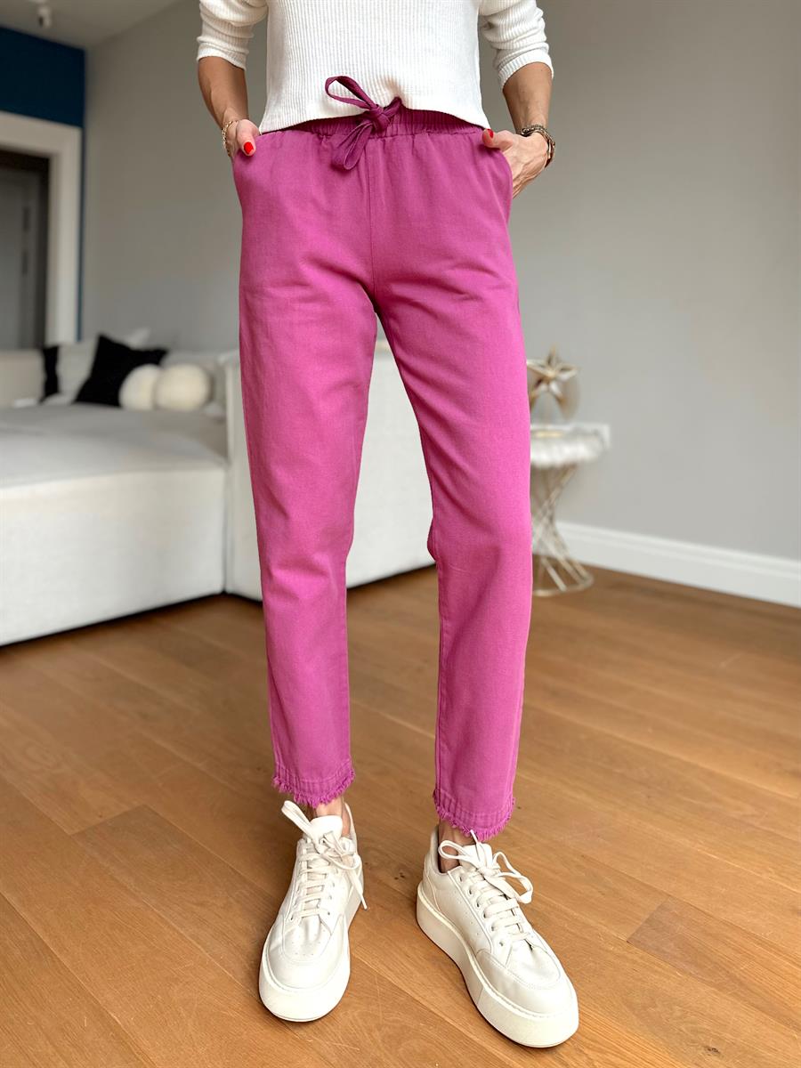 Kadın Beli Lastikli Paçası Püskül Detay Parça Boya Gabardin Fuşya Pantolon · 4