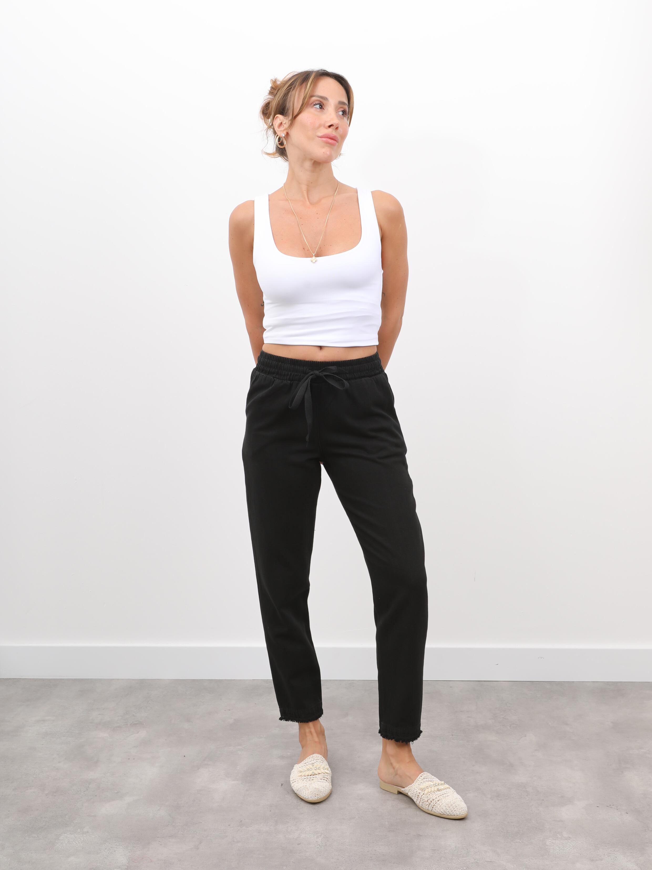 Kadın Beli Lastikli Paçası Püskül Detay Parça Boya Gabardin Siyah Pantolon · 5