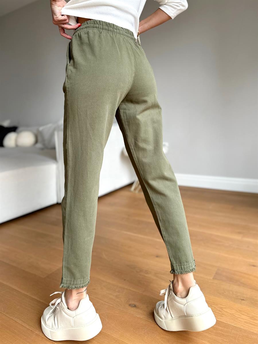 Kadın Beli Lastikli Paçası Püskül Detay Parça Boya Gabardin Haki Pantolon · 4
