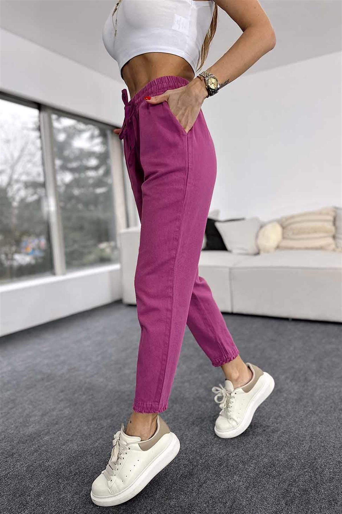 Kadın Beli Lastikli Paçası Püskül Detay Parça Boya Gabardin Fuşya Pantolon · 13