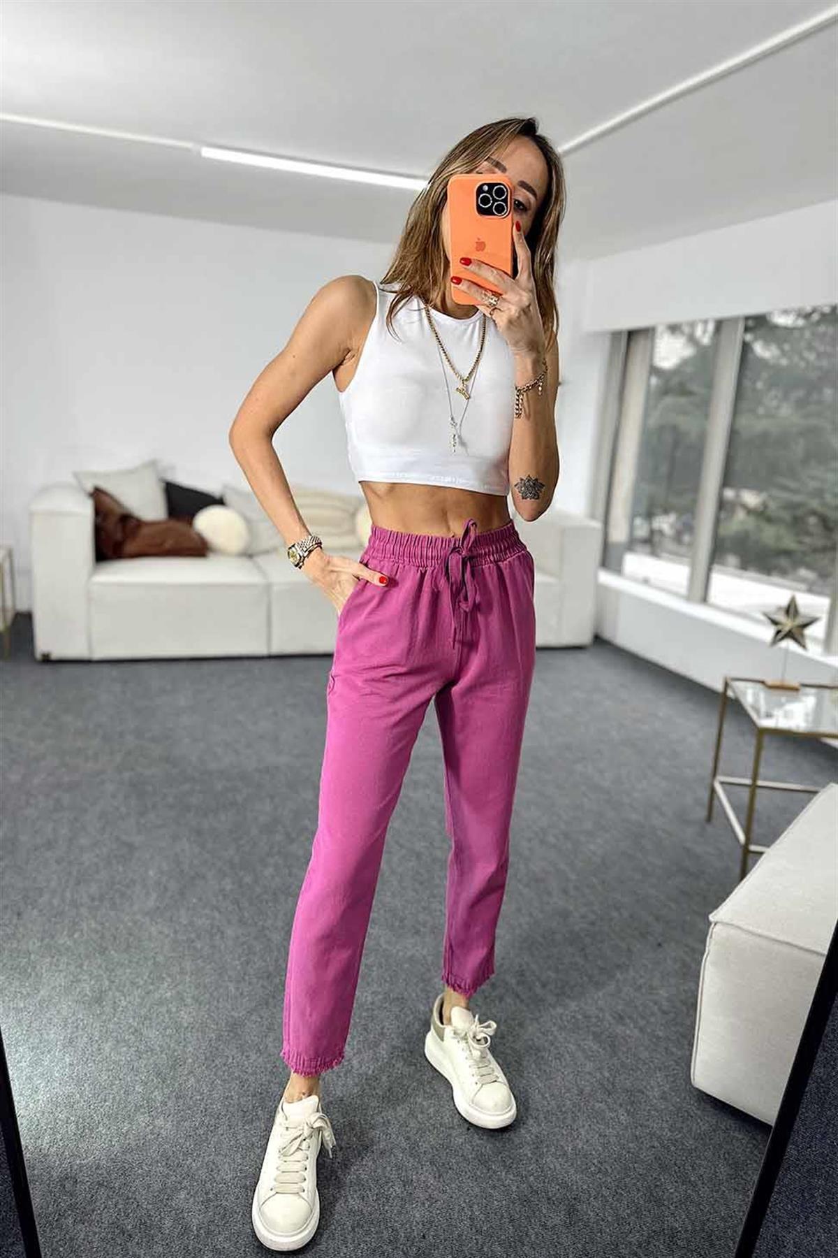 Kadın Beli Lastikli Paçası Püskül Detay Parça Boya Gabardin Fuşya Pantolon · 12