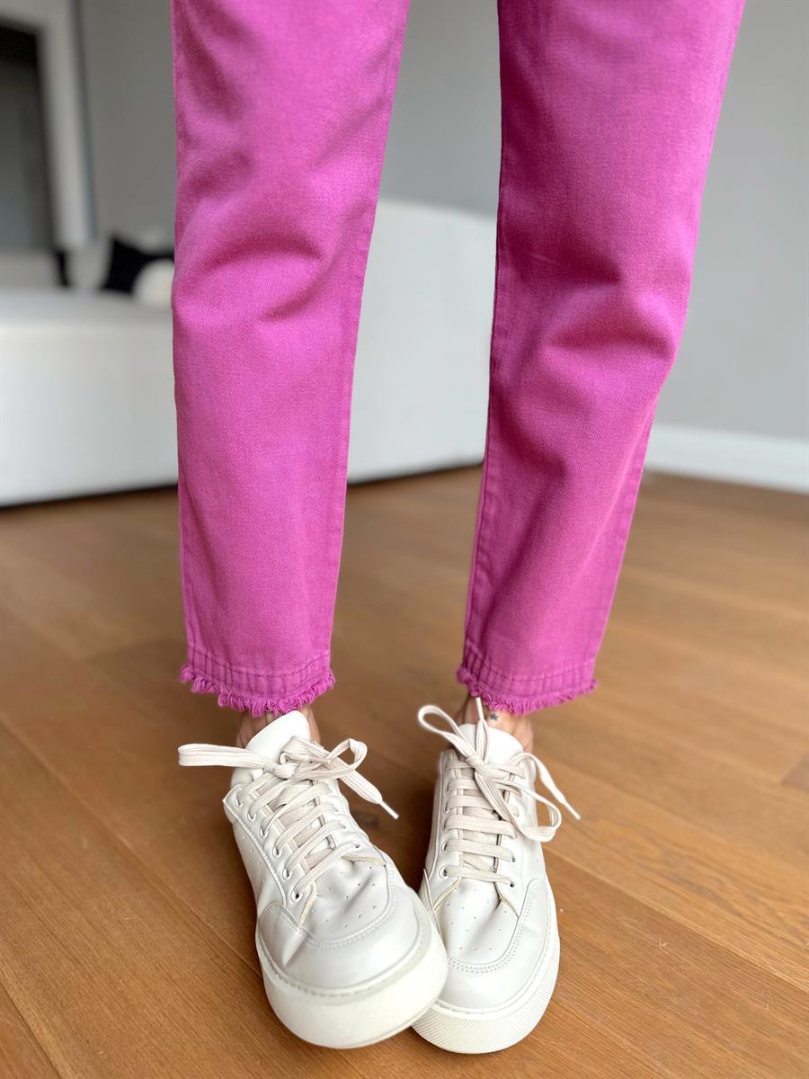 Kadın Beli Lastikli Paçası Püskül Detay Parça Boya Gabardin Fuşya Pantolon · 6