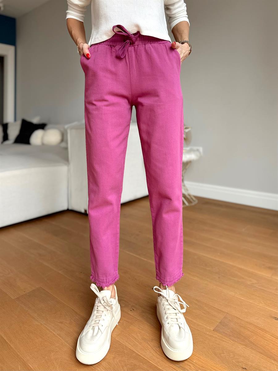 Kadın Beli Lastikli Paçası Püskül Detay Parça Boya Gabardin Fuşya Pantolon · 10
